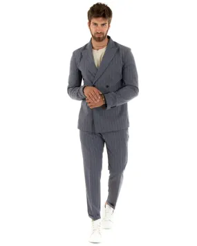 Abito Uomo Doppiopetto Vestito Viscosa Completo Giacca Pantaloni Grigio Rigato Gessato Elegante Cerimonia GIOSAL-OU2381A