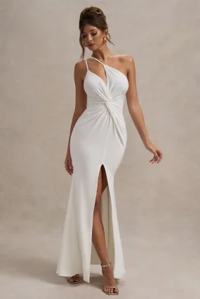 Neroli | Robe longue blanche asymétrique sans bretelles avec torsades