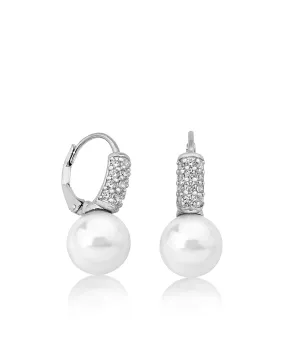 Sterling Silver Rhodium Plated Earrings for Women with French Clasp and Organic Pearl, 11mm Round White Pearl and Cubic Zirconia, Exquisite Collection