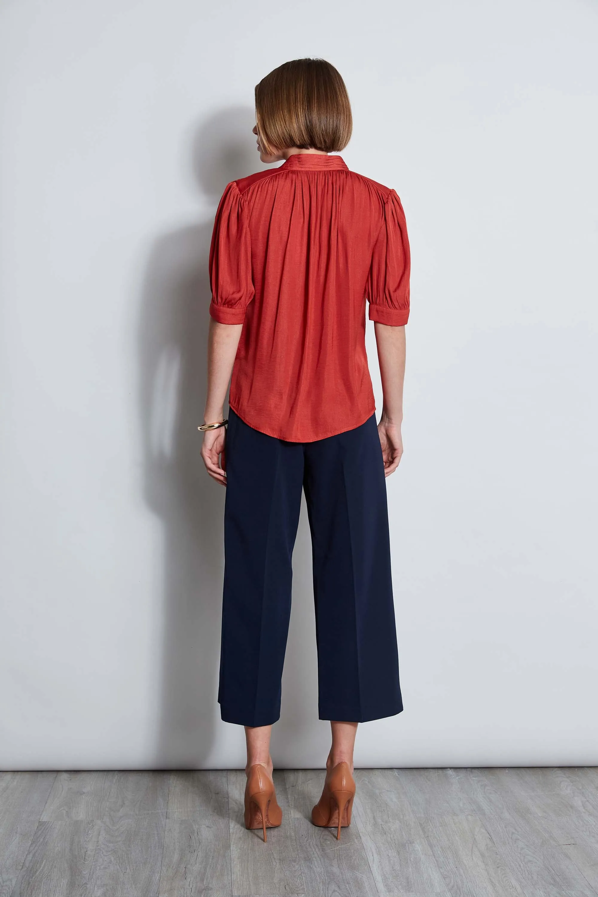 T-Tahari Short Sleeve Pleated Neck Shirt