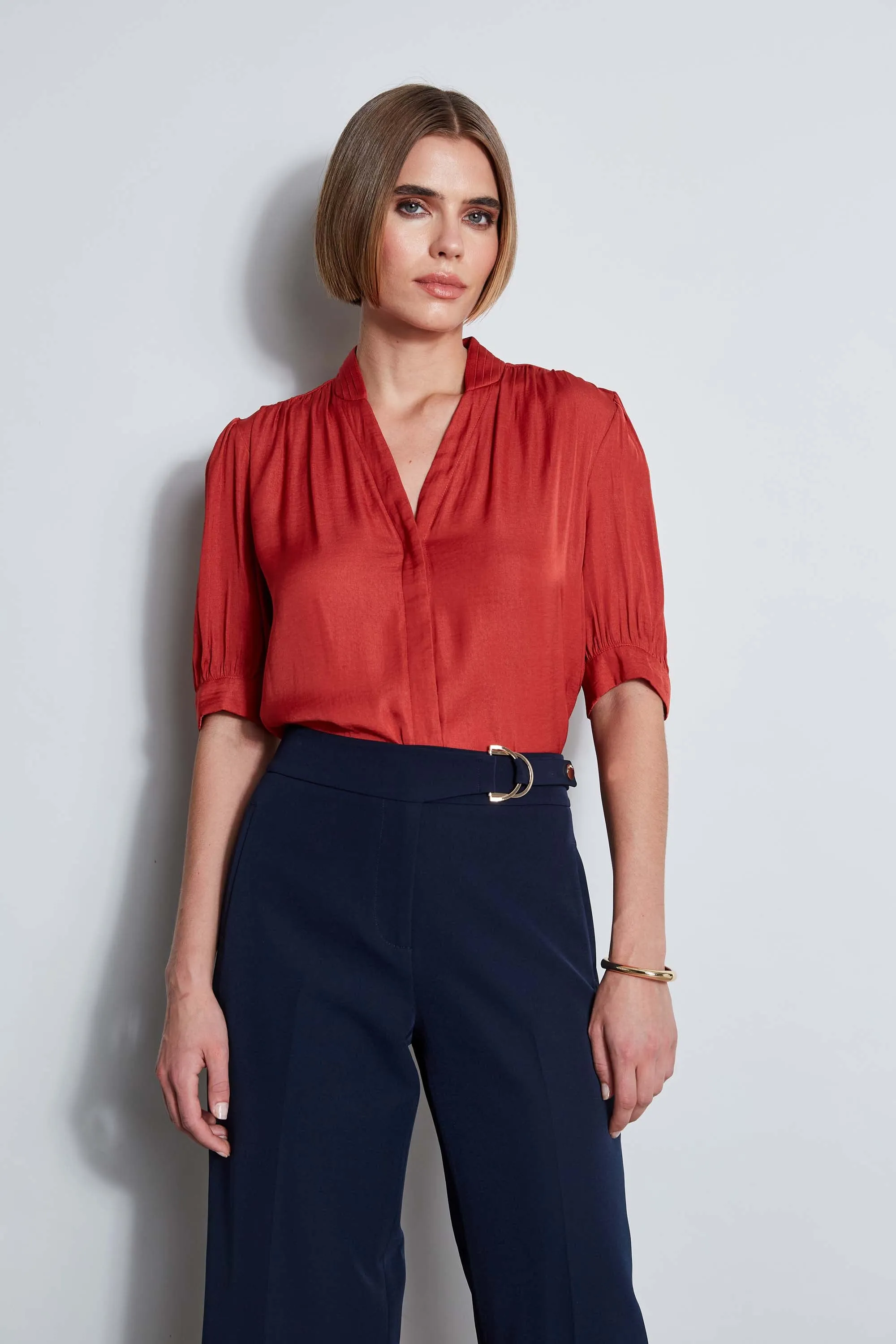 T-Tahari Short Sleeve Pleated Neck Shirt